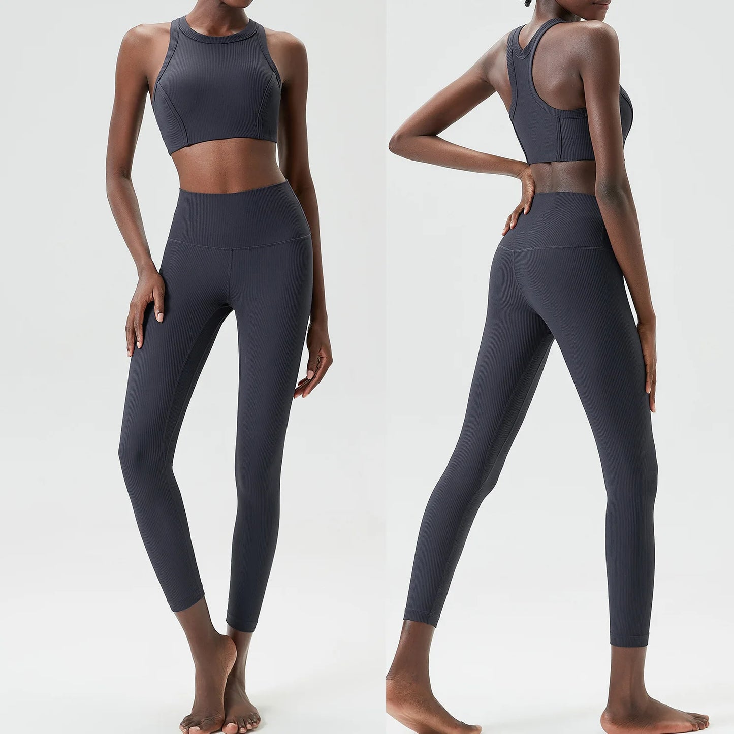 High Impact Gym Suit Women Ribbed Fabric Two Pieces Fitness Yoga Set Slim Fit Stretchy Running Sportswear Workout Clothes-Unboundless