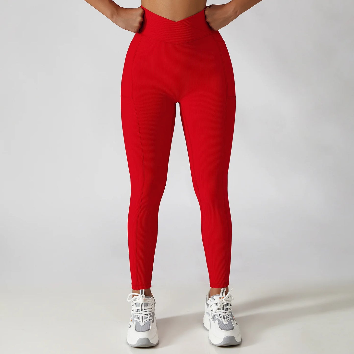 Solid Color Ribbed Yoga Pants Women Pockets Crossover High Waist Fitness Leggings Sexy Butt Lift Workout Running Tights-Unboundless