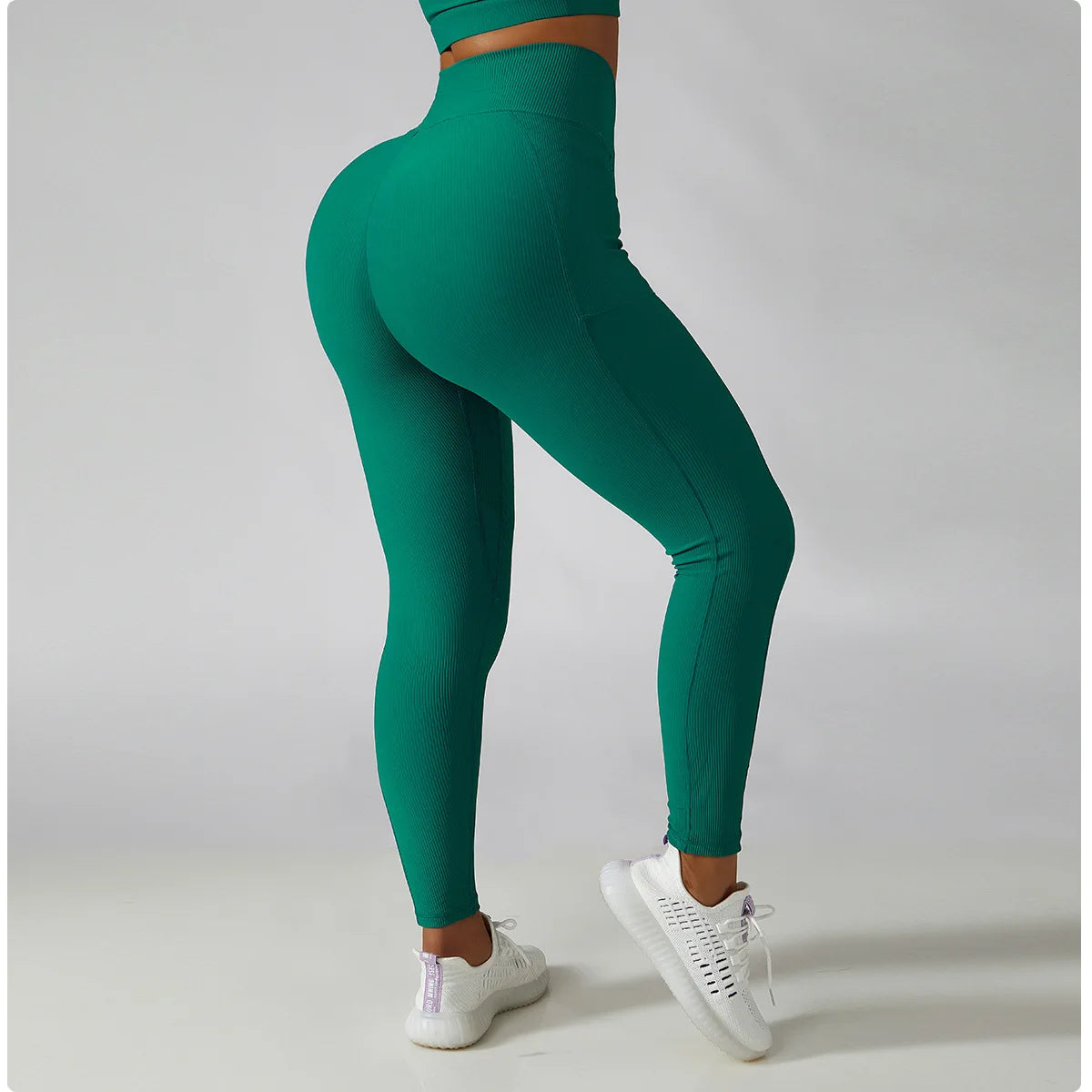 Solid Color Ribbed Yoga Pants Women Pockets Crossover High Waist Fitness Leggings Sexy Butt Lift Workout Running Tights-Unboundless