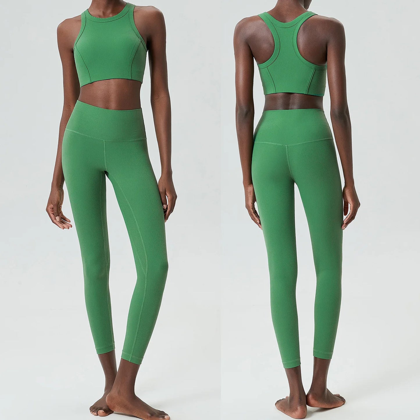 High Impact Gym Suit Women Ribbed Fabric Two Pieces Fitness Yoga Set Slim Fit Stretchy Running Sportswear Workout Clothes-Unboundless