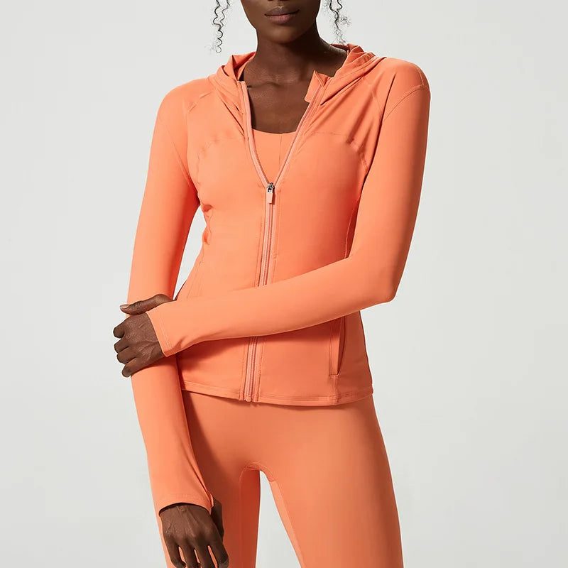 New Arrivals Women Hooded Jacket Long Sleeve with Thumb Holes Workout Yoga Shirt Outdoor Running Coat Gym Sweatshirt Ftness Top-Unboundless