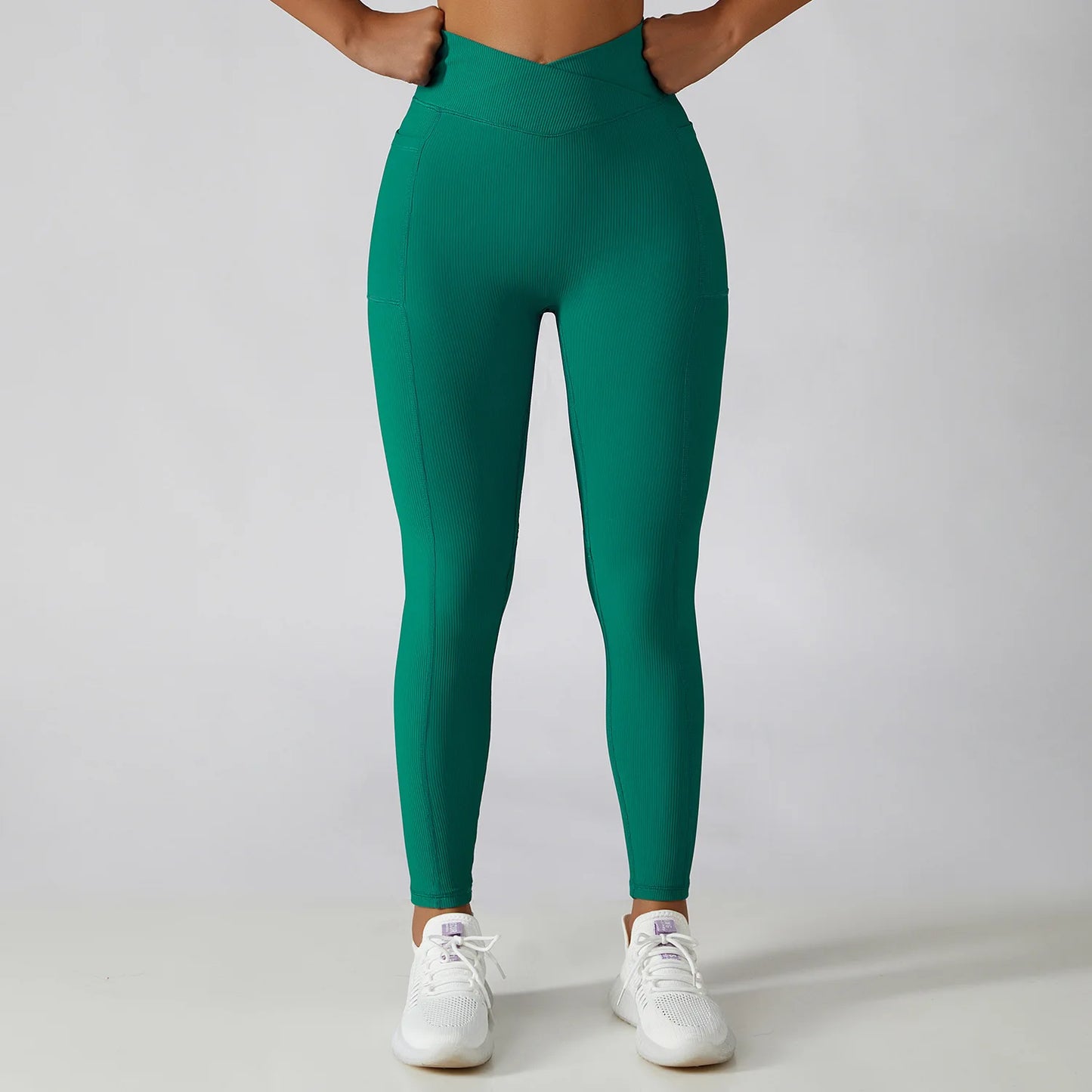 Solid Color Ribbed Yoga Pants Women Pockets Crossover High Waist Fitness Leggings Sexy Butt Lift Workout Running Tights-Unboundless