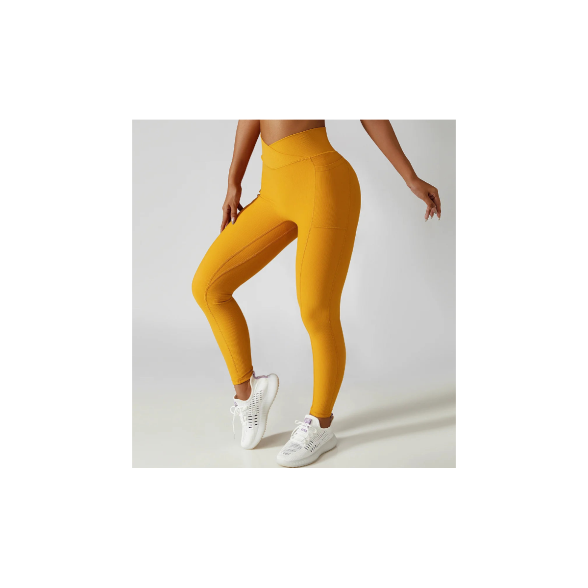 Solid Color Ribbed Yoga Pants Women Pockets Crossover High Waist Fitness Leggings Sexy Butt Lift Workout Running Tights-Unboundless