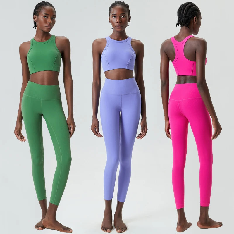High Impact Gym Suit Women Ribbed Fabric Two Pieces Fitness Yoga Set Slim Fit Stretchy Running Sportswear Workout Clothes-Unboundless