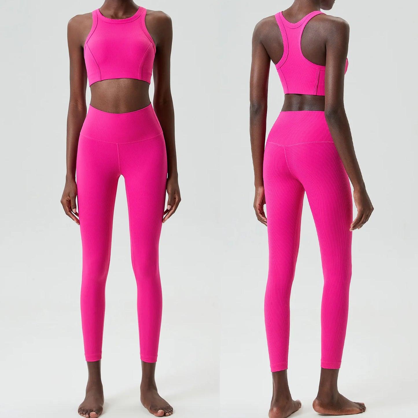 High Impact Gym Suit Women Ribbed Fabric Two Pieces Fitness Yoga Set Slim Fit Stretchy Running Sportswear Workout Clothes-Unboundless