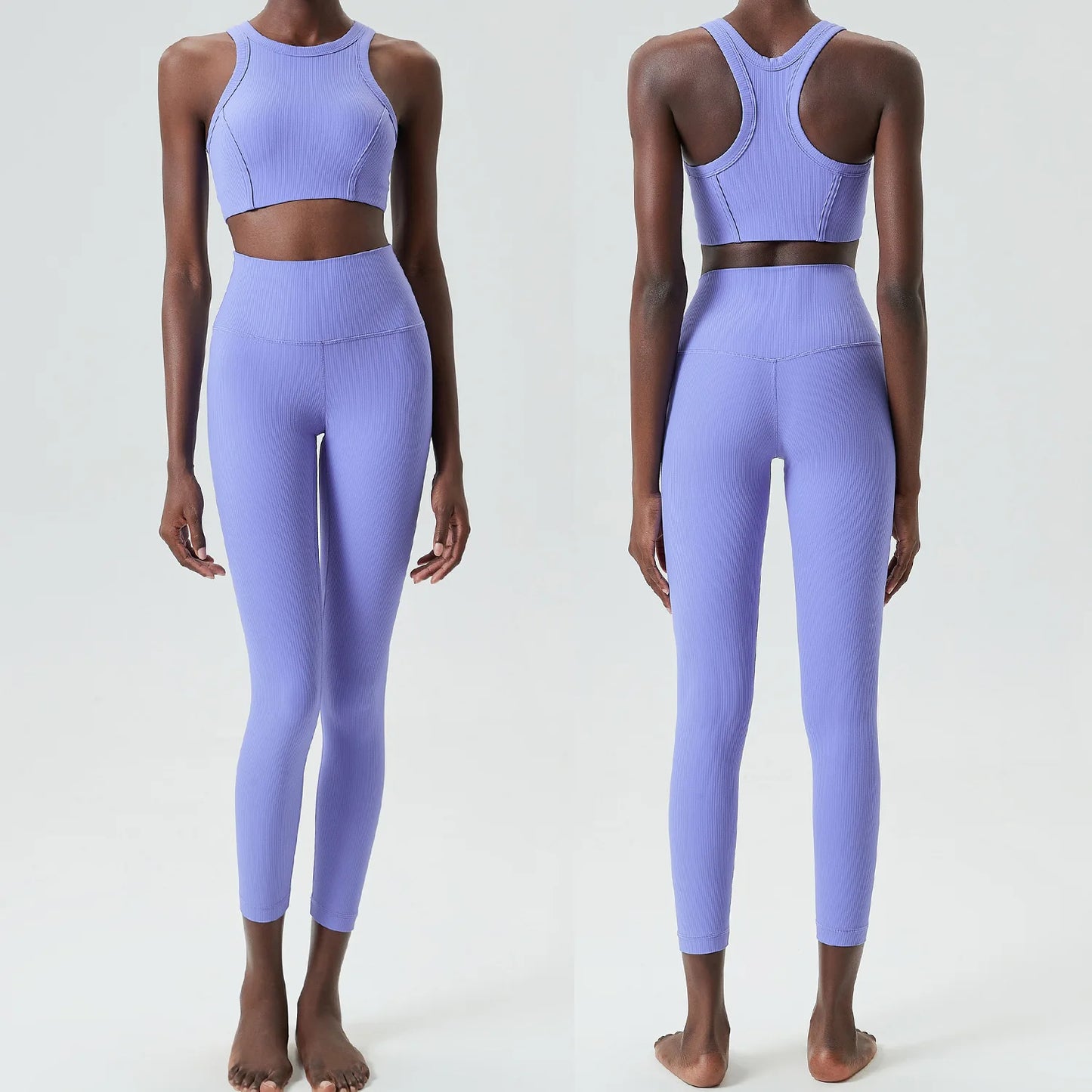 High Impact Gym Suit Women Ribbed Fabric Two Pieces Fitness Yoga Set Slim Fit Stretchy Running Sportswear Workout Clothes-Unboundless