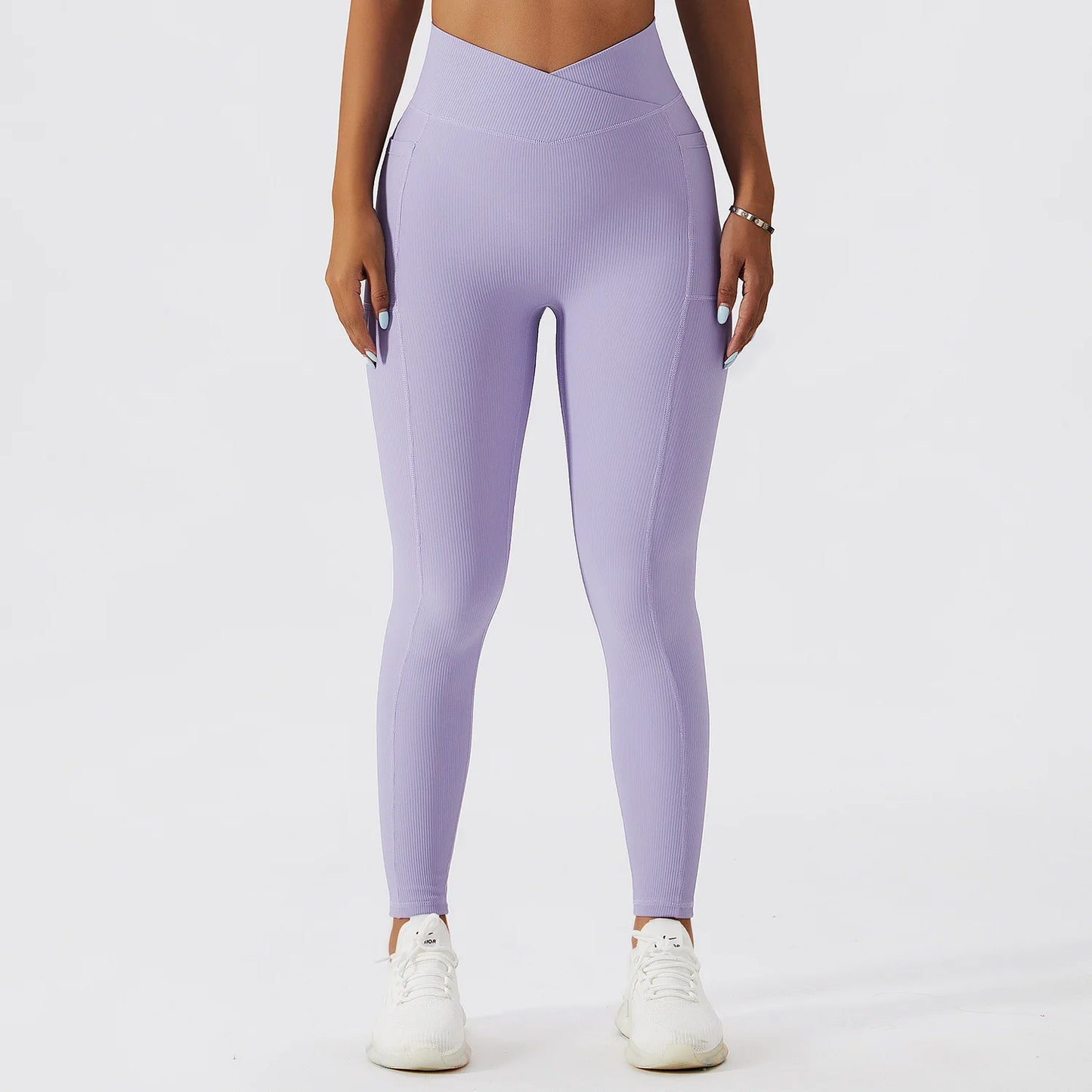 Solid Color Ribbed Yoga Pants Women Pockets Crossover High Waist Fitness Leggings Sexy Butt Lift Workout Running Tights-Unboundless