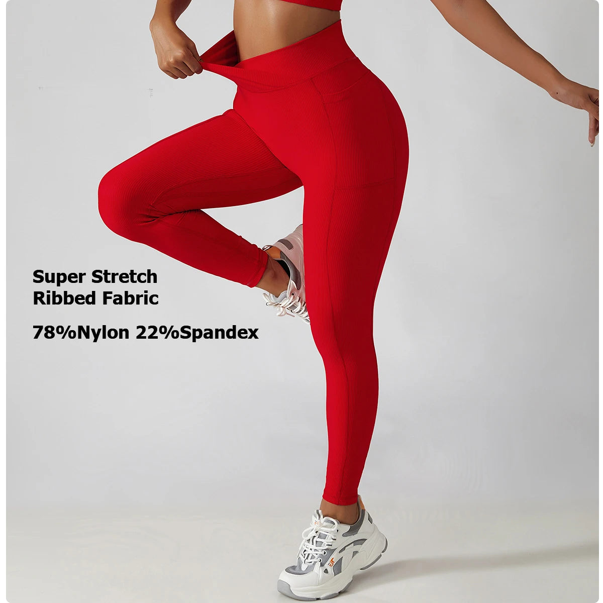 Solid Color Ribbed Yoga Pants Women Pockets Crossover High Waist Fitness Leggings Sexy Butt Lift Workout Running Tights-Unboundless