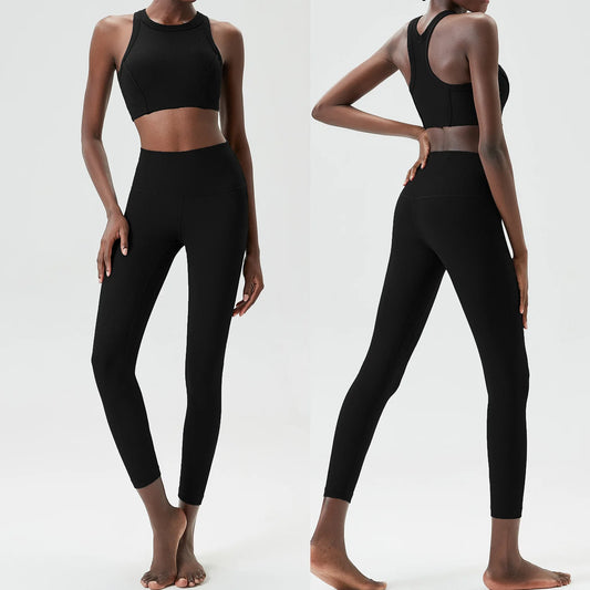 High Impact Gym Suit Women Ribbed Fabric Two Pieces Fitness Yoga Set Slim Fit Stretchy Running Sportswear Workout Clothes-Unboundless