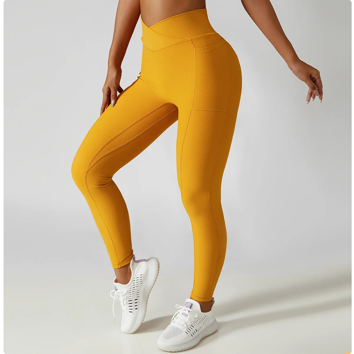 Solid Color Ribbed Yoga Pants Women Pockets Crossover High Waist Fitness Leggings Sexy Butt Lift Workout Running Tights-Unboundless