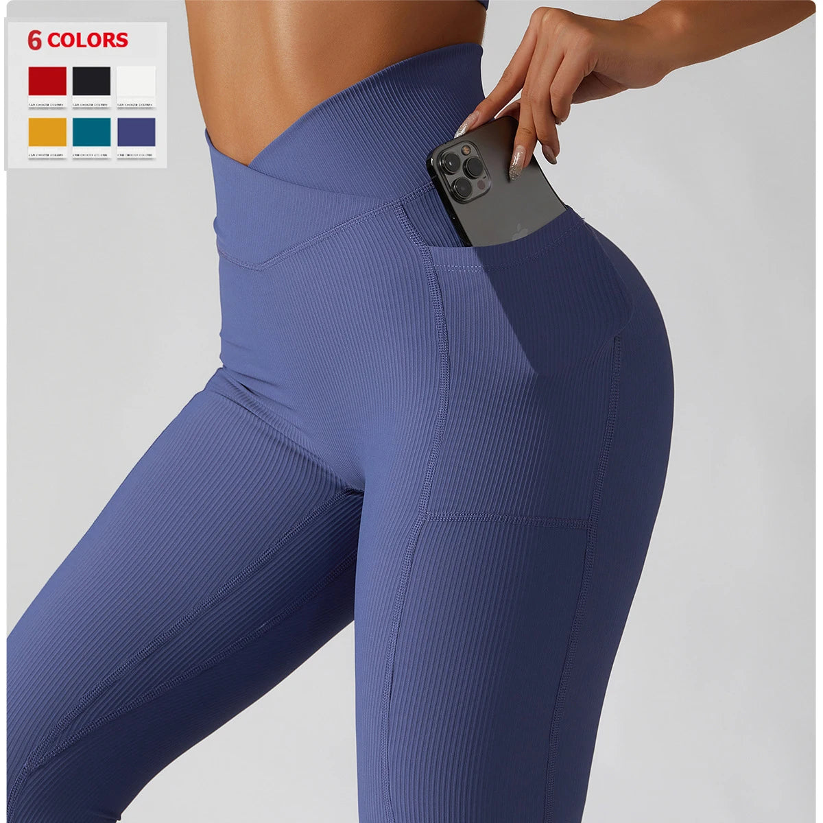 Solid Color Ribbed Yoga Pants Women Pockets Crossover High Waist Fitness Leggings Sexy Butt Lift Workout Running Tights-Unboundless