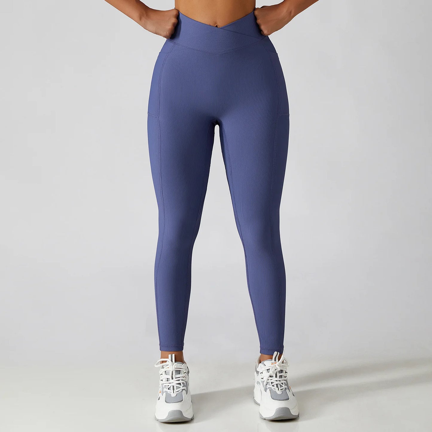 Solid Color Ribbed Yoga Pants Women Pockets Crossover High Waist Fitness Leggings Sexy Butt Lift Workout Running Tights-Unboundless