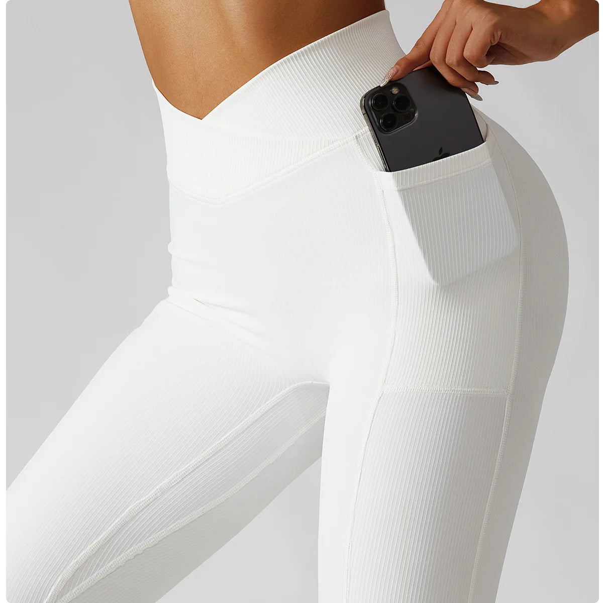 Solid Color Ribbed Yoga Pants Women Pockets Crossover High Waist Fitness Leggings Sexy Butt Lift Workout Running Tights-Unboundless