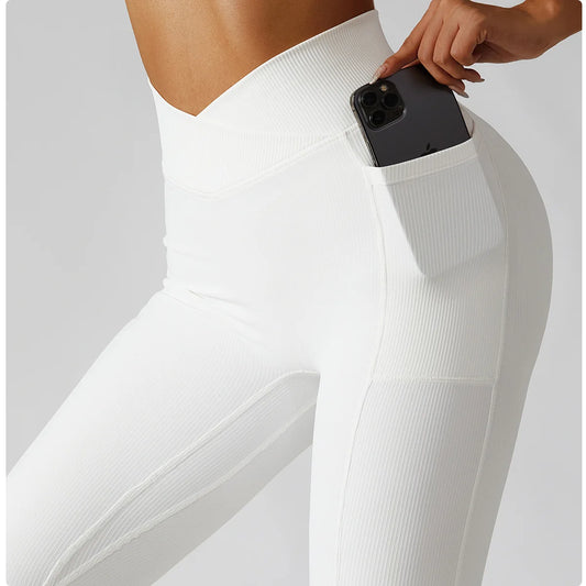 Solid Color Ribbed Yoga Pants Women Pockets Crossover High Waist Fitness Leggings Sexy Butt Lift Workout Running Tights-Unboundless