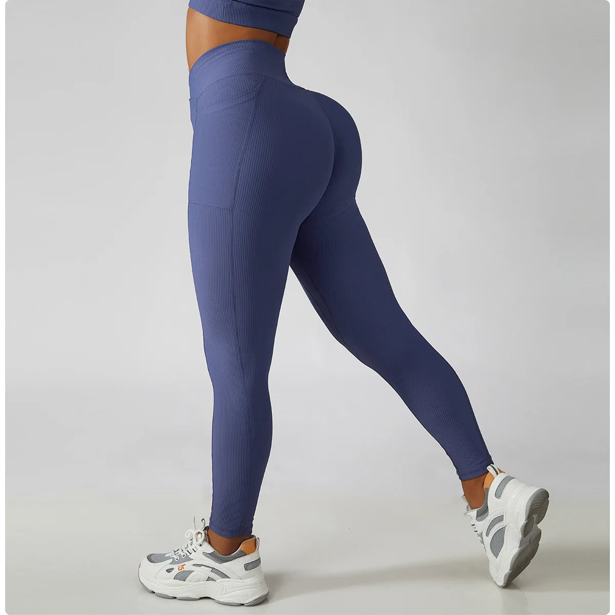 Solid Color Ribbed Yoga Pants Women Pockets Crossover High Waist Fitness Leggings Sexy Butt Lift Workout Running Tights-Unboundless