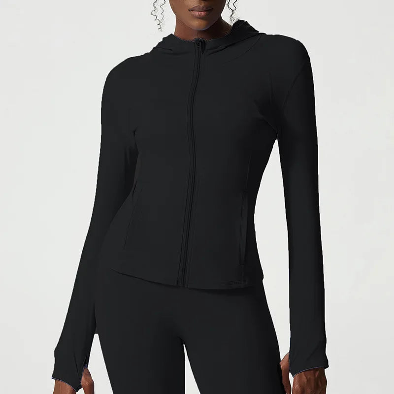 New Arrivals Women Hooded Jacket Long Sleeve with Thumb Holes Workout Yoga Shirt Outdoor Running Coat Gym Sweatshirt Ftness Top-Unboundless