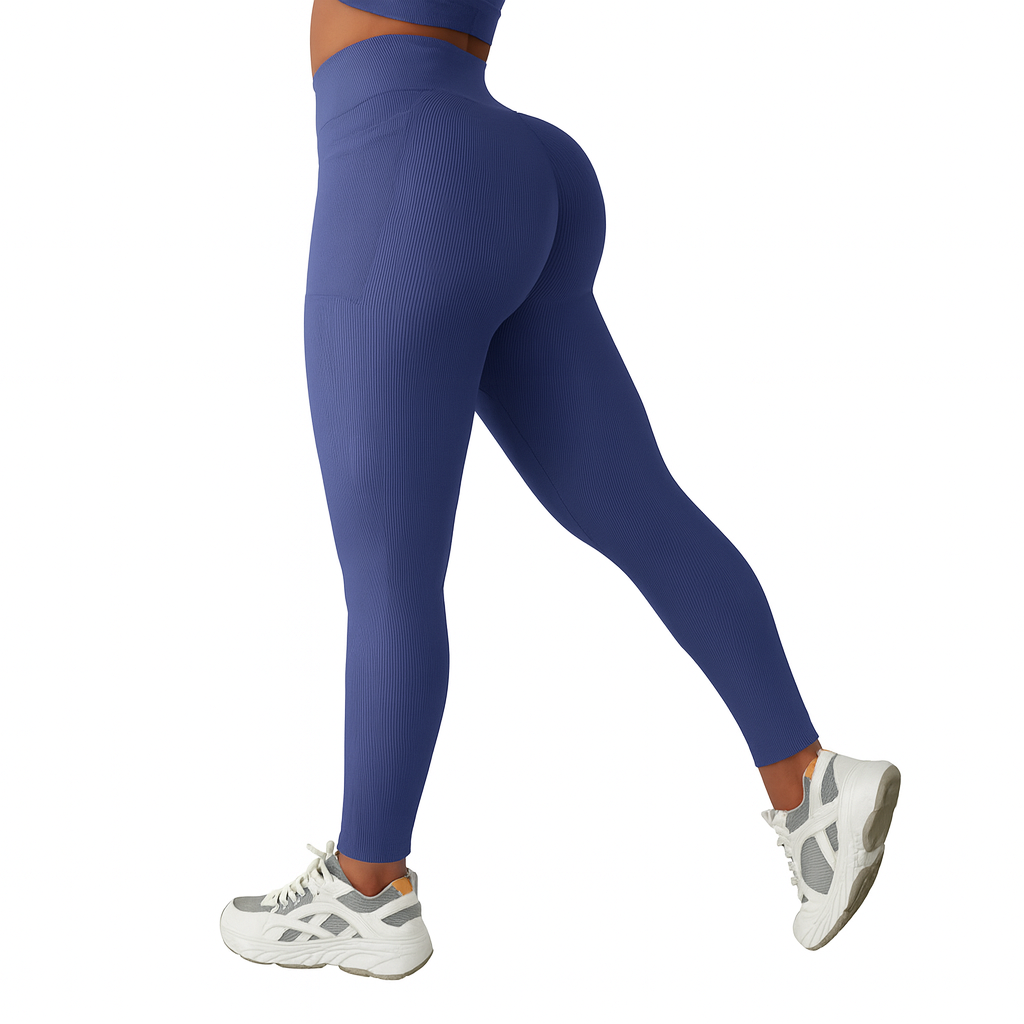 Solid Color Ribbed Yoga Pants Women Pockets Crossover High Waist Fitness Leggings Sexy Butt Lift Workout Running Tights-Unboundless