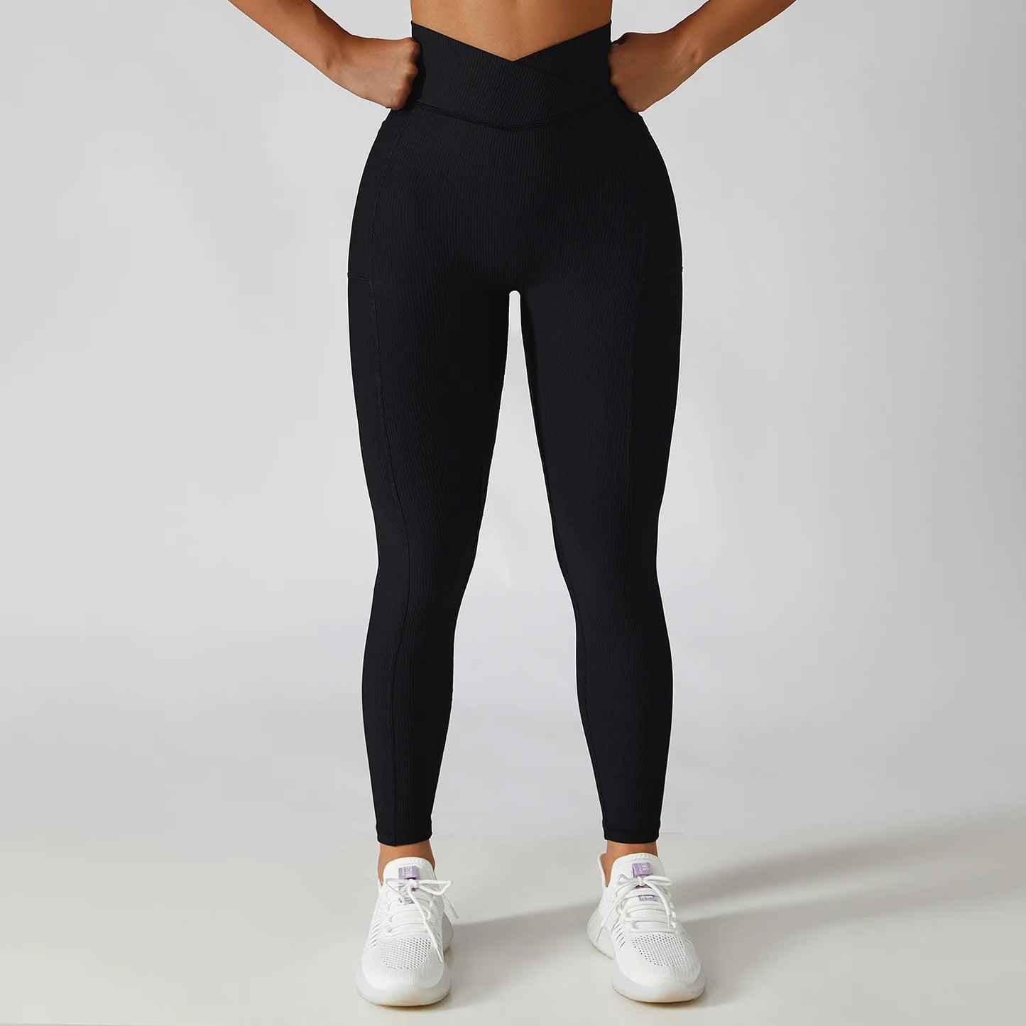 Solid Color Ribbed Yoga Pants Women Pockets Crossover High Waist Fitness Leggings Sexy Butt Lift Workout Running Tights-Unboundless